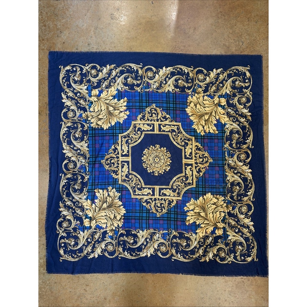Art of the Scarf Tie Rack Navy Blue Plaid Gold‎ Floral Leaf Made in Italy Scarf